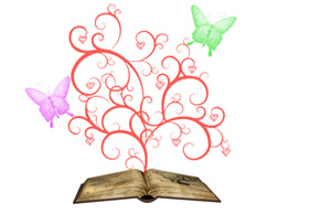 Our editors explain the process of creating characters for fiction writing. A book is lying open on a white background. Butterflies and a red decorative scroll are rising from the pages of the book. This symbolizes how characters come to life in a novel.