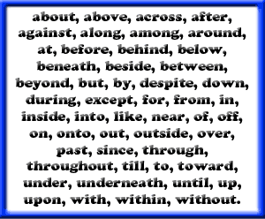 Our editors define propositions. A list of prepositions: about, above, across, after, against, along, among, around, at, before, behind, below, beneath, beside, between, beyond, but, by, despite, down, during, except, for, from, in, inside, into, like, near, of, off, on, onto, out, outside, over, past, since, through, throughout, till, to, toward, under, underneath, until, up, upon, with, within, without.