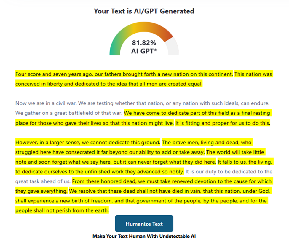 Even the "humanized" version still scores as 81.82% at likely being AI.