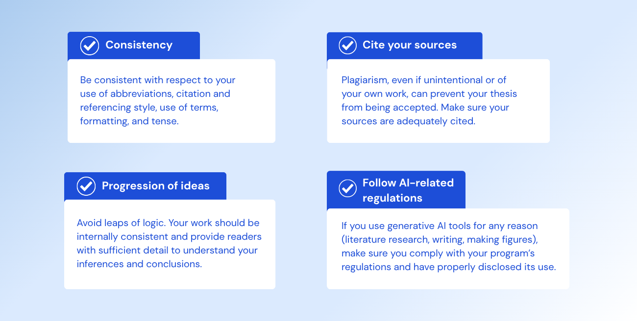 Four-step process for editing and proofreading a thesis: structural read, language pass, formatting and citation check, and final proofread.