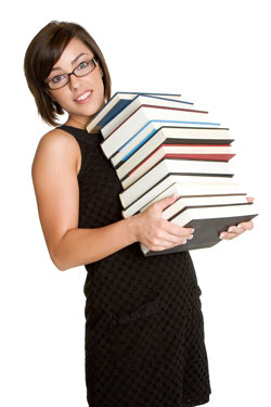 Our editors explain everything you need to know about brackets (parentheses). Young woman holding a stack of books; the books discuss how to use brackets (parentheses) properly.