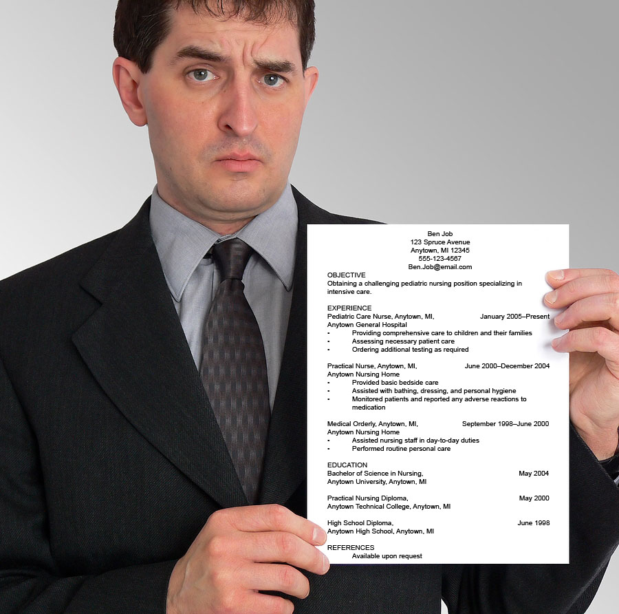 Scribendi.com's guide to writing a chronological resume. Man with a confused look on his face holding a resume.