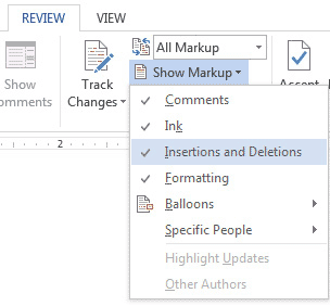 The Show Markup Menu in MS Word