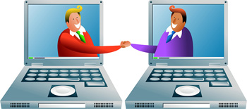 Scribendi.com's Editing Services API. Two laptop computers are positioned side-by-side. Two cartoon men reach out of the laptop screens to shake hands.