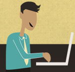 Yellow and brown background with an animated man wearing a blye shirt and yellow tie is editing on a computer.