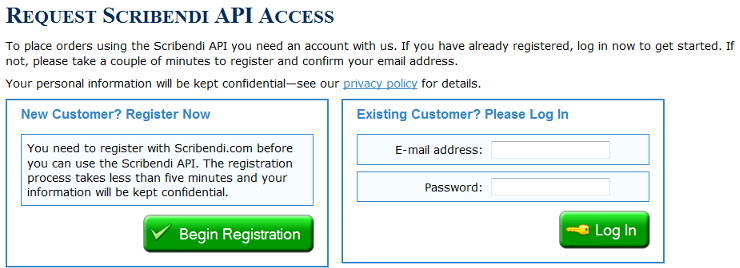 Scribendi.com API registration screen Registering with Scribendi