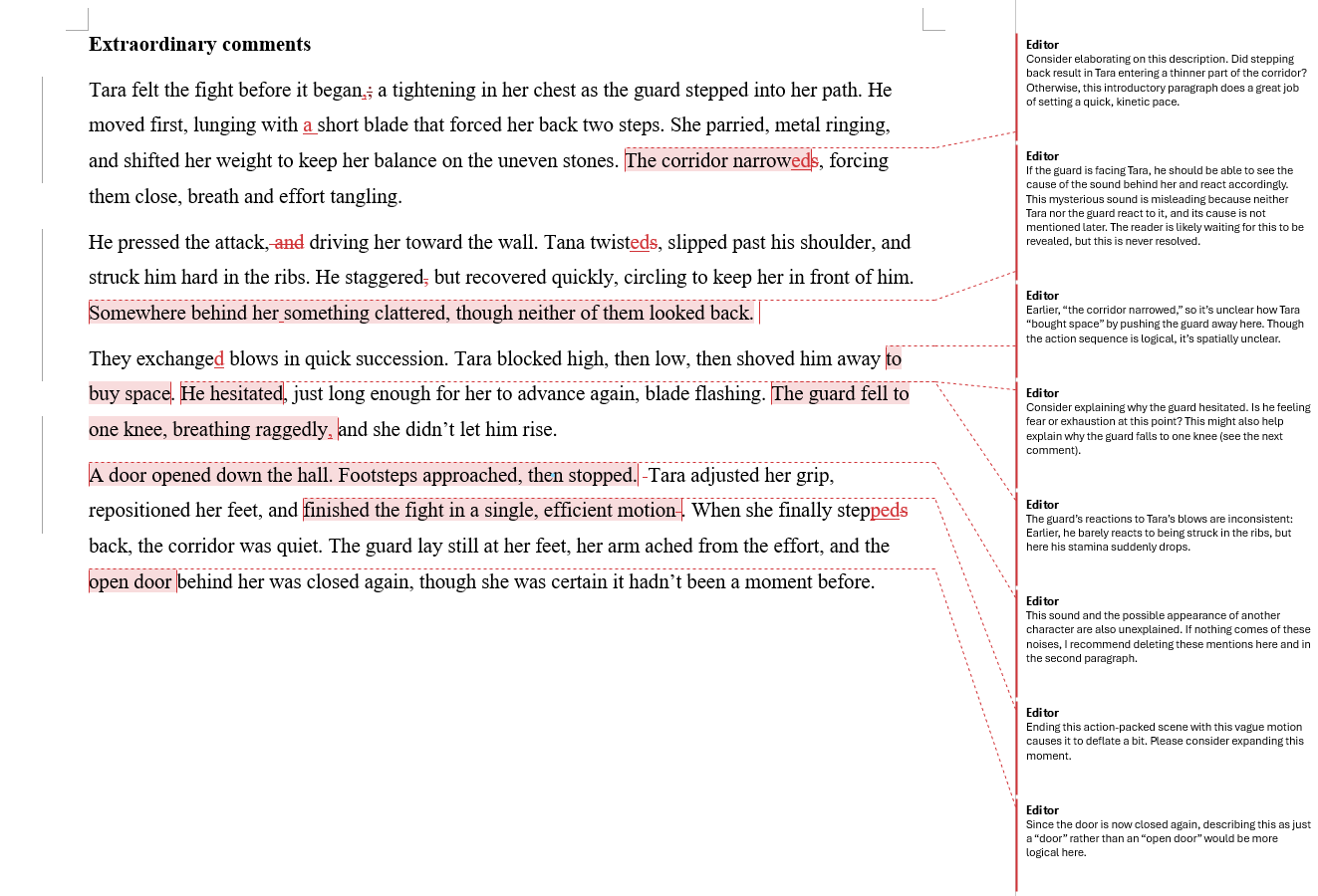 Extraordinary comments on a written fight scene with logical inconsistencies