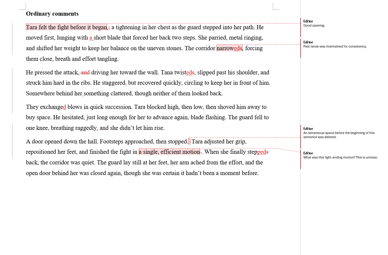 Ordinary comments on a written fight scene with logical inconsistencies