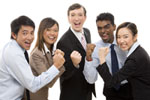 Scribendi.com is hiring a Sales Representative. A group of five sales peole standing as a group with their fists held together.
