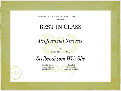 Scribendi.com was awarded Best in Class by the Interactive Media Awards. A certificate awarding Scribendi.com with Best in Class from the Interactive Media Awards.