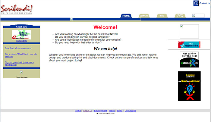 Scribendi's first website from 1998.